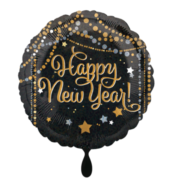 Folienballon - Happy new year, schwarz mit goldenen Elementen - ø 43cm